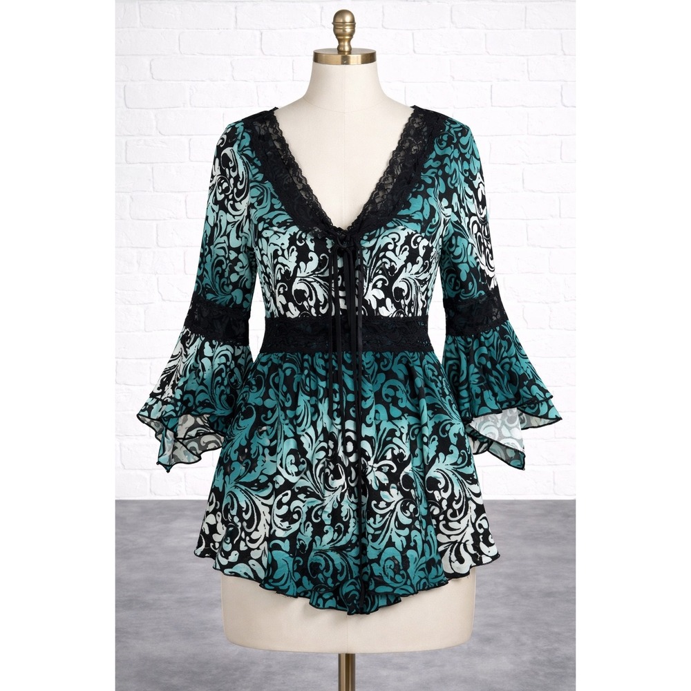 Dare to Wear Lace Up Tunic Blouse Womens M Teal Black Bell Sleeve V Neck Boho